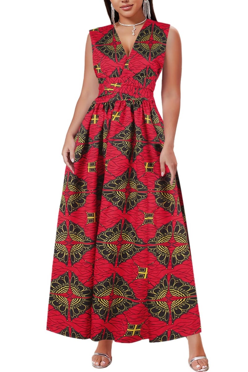 Vimoisa Women Sexy Boho African Dress Long Maxi Dress V-Neck Multi-Way Dress Pleated Dress Floral Print - Image 5